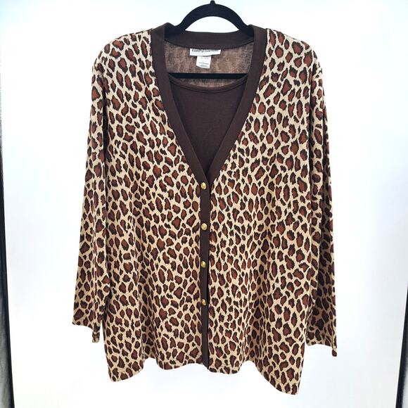 Cathy Daniels Cardigan XL Cheetah Animal Print Mock‎ Layer Sweater Brown VTG - Picture 1 of 8